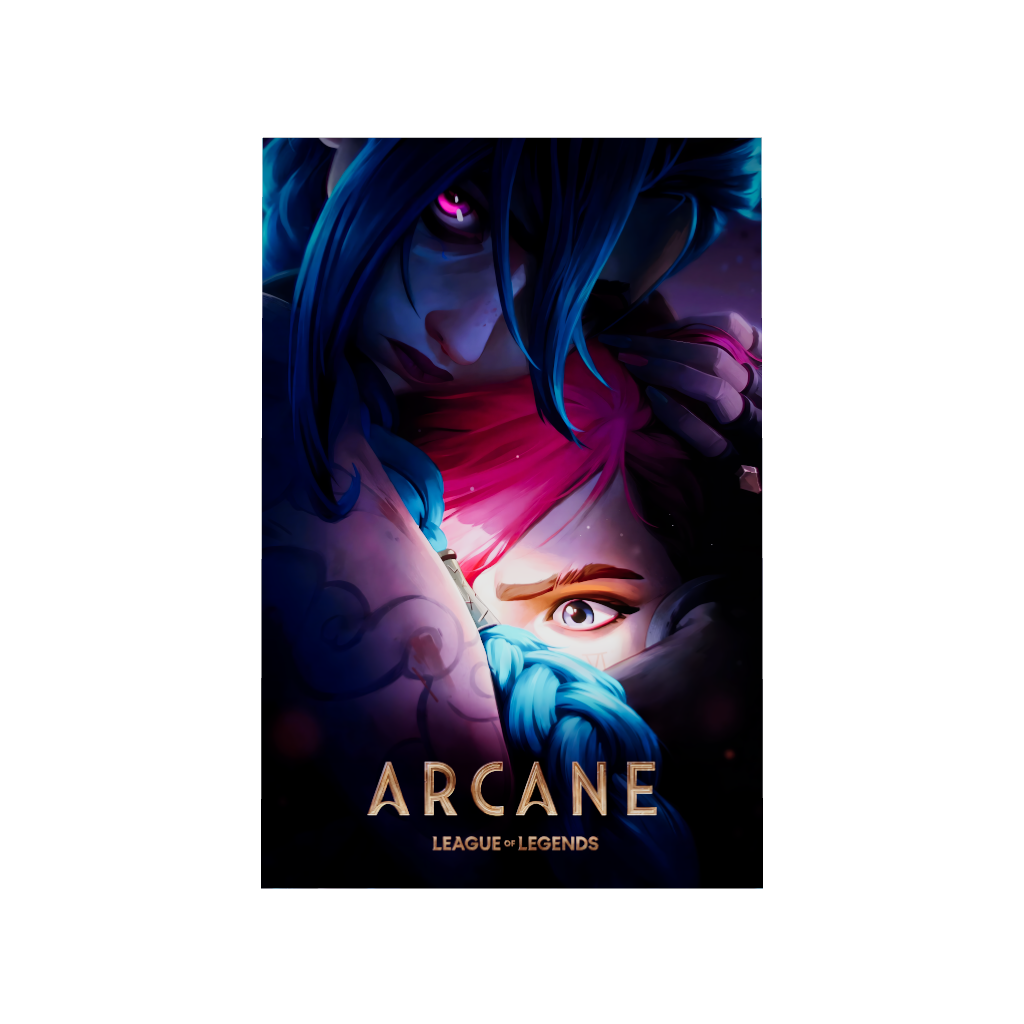 Arcane League of Legends gaming acrylic poster 3D model by Arcadia North. Arcane Season 2 Poster with Jinx hugging Vi. Acrylic wall art printed on acrylic.