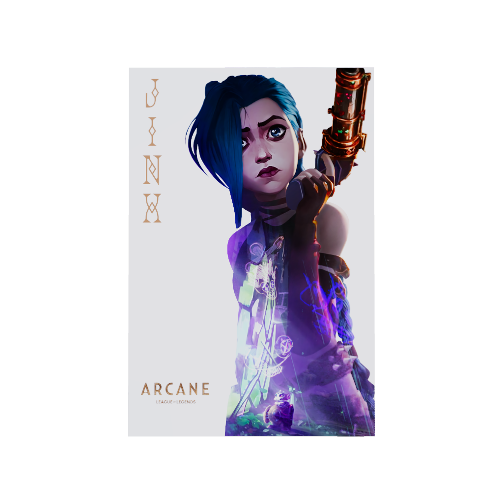 Arcane League of Legends gaming acrylic poster 3D model by Arcadia North. Jinx promotional poster. Acrylic wall art printed on acrylic.