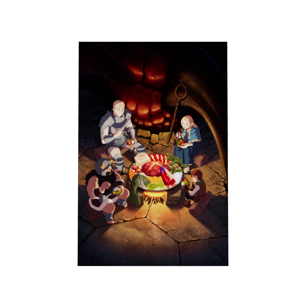 Delicious in Dungeon Dungeon Meshi anime acrylic poster 3D model by Arcadia North. Feauturing Laios' Party with the Huge Scorpion and Walking Mushroom Hotpot. Acrylic wall art printed on acrylic.