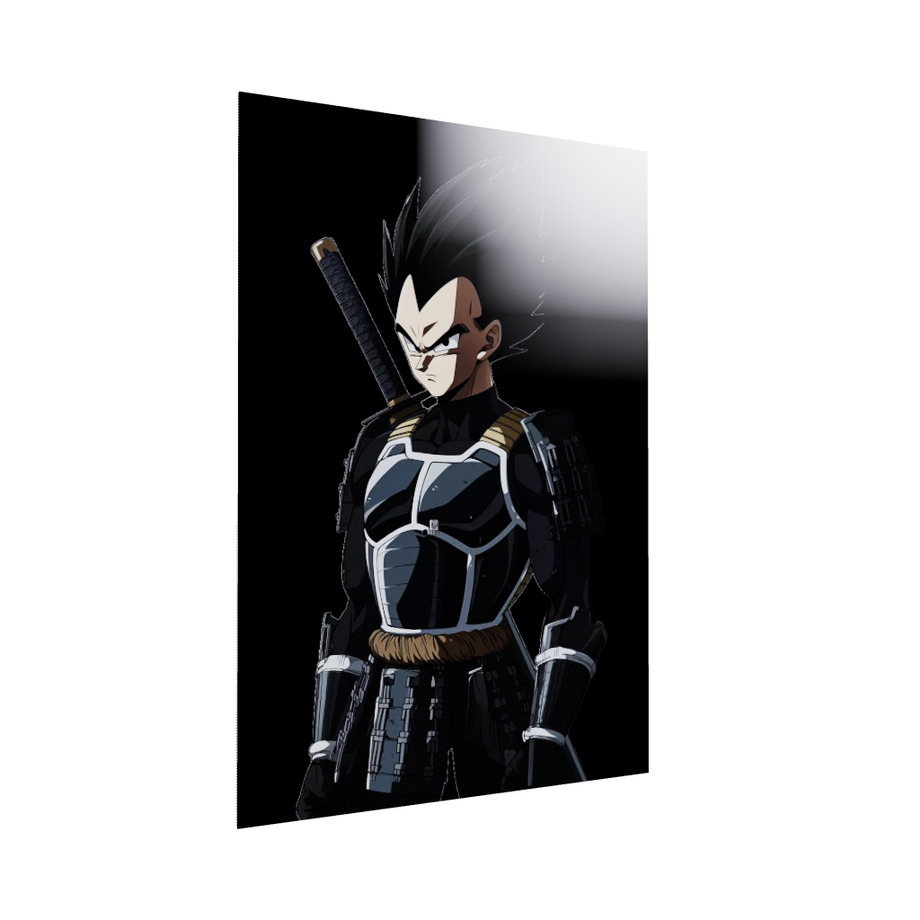 Dragon Ball anime acrylic poster 3D model by Arcadia North. Featuring Vegeta as a samurai on a black background.