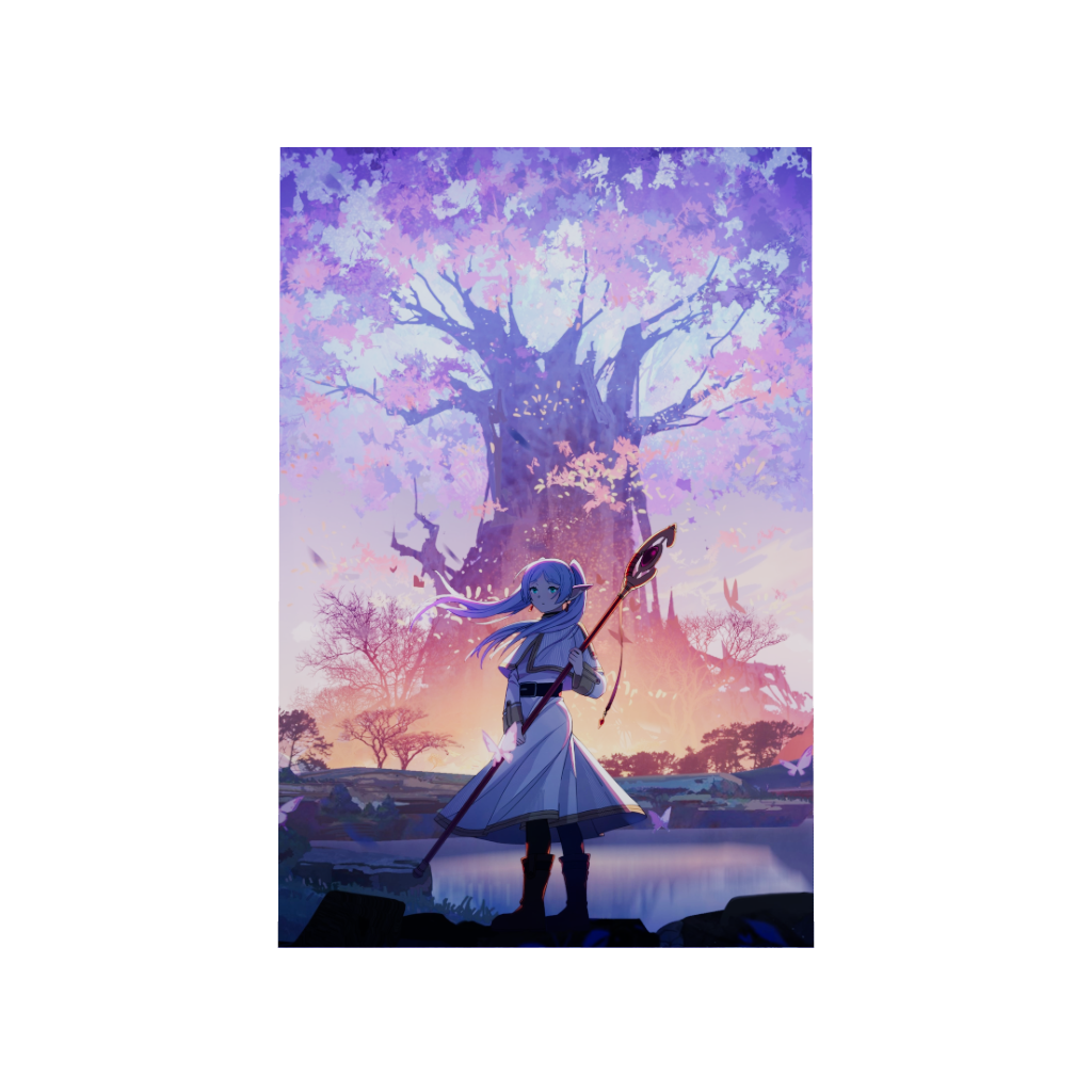 Frieren: Beyond Journey's End anime acrylic poster 3D model by Arcadia North. Feauturing Frieren with a large purple magic tree. Acrylic wall art printed on acrylic.