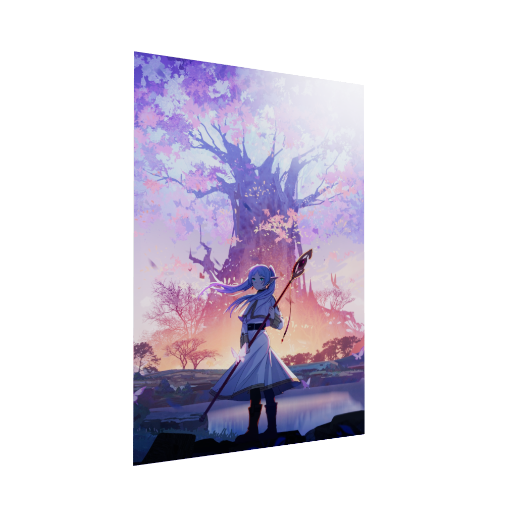 Frieren: Beyond Journey's End anime acrylic poster 3D model by Arcadia North. Feauturing Frieren with a large purple magic tree.