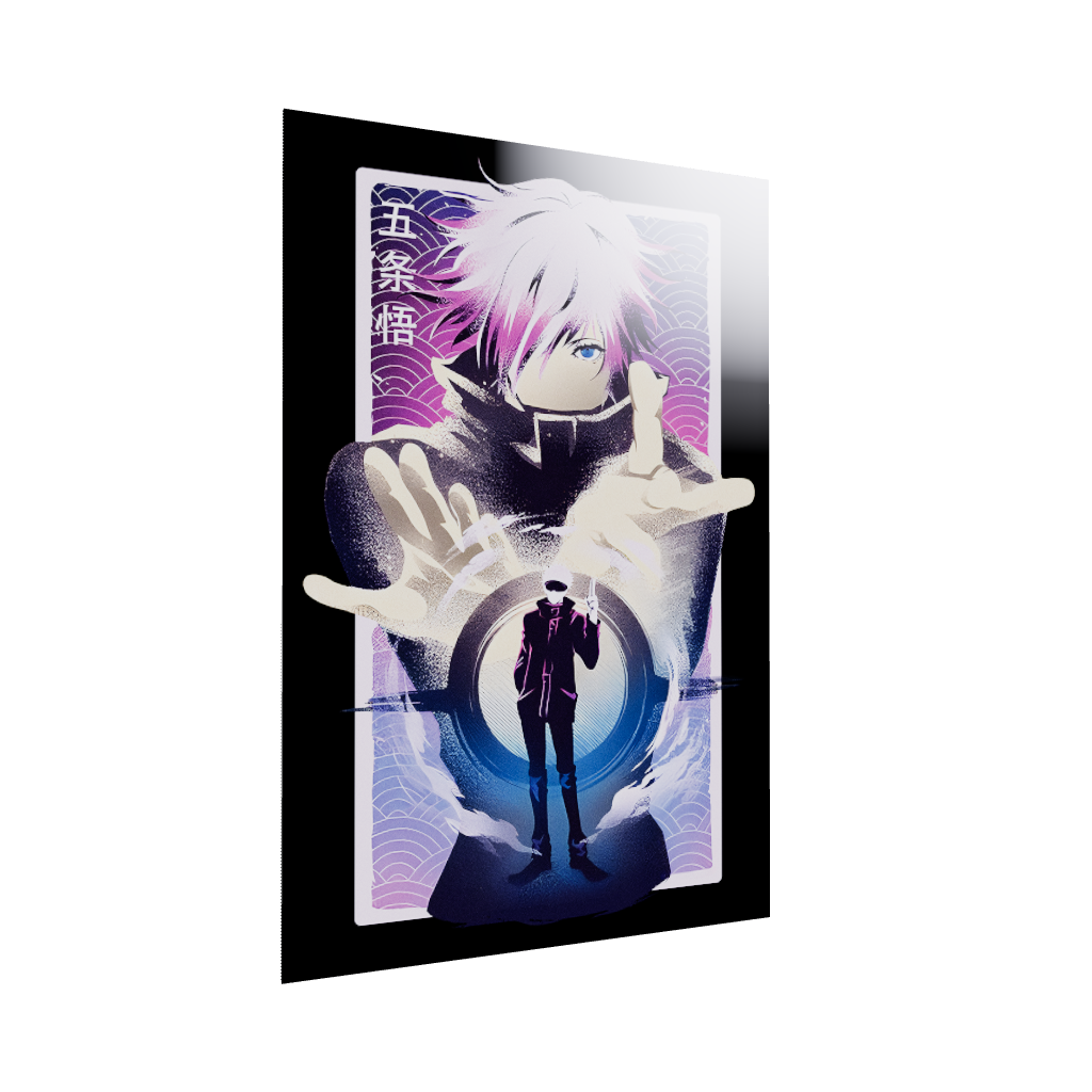 Jujutsu Kaisen anime acrylic poster 3D model by Arcadia North. Featuring Gojo Satoru Infinite Void. Black background.