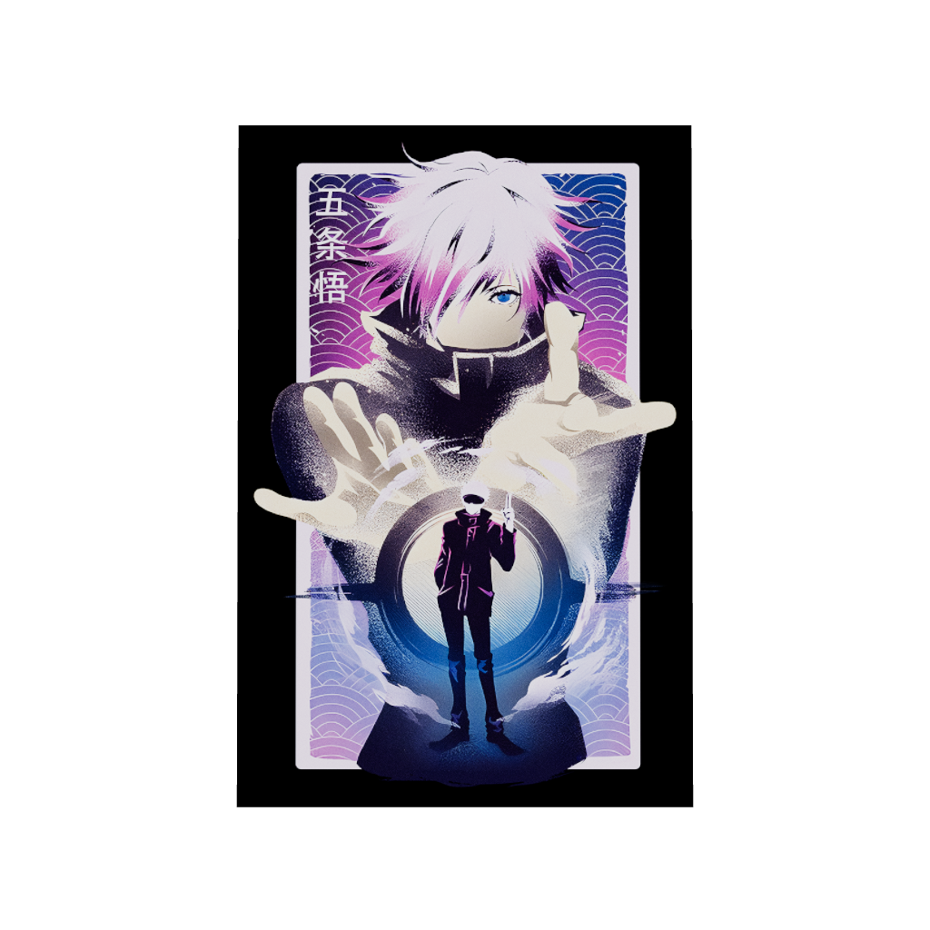 Jujutsu Kaisen anime acrylic poster 3D model by Arcadia North. Featuring Gojo Satoru Infinite Void. Black background. Acrylic wall art printed on acrylic.