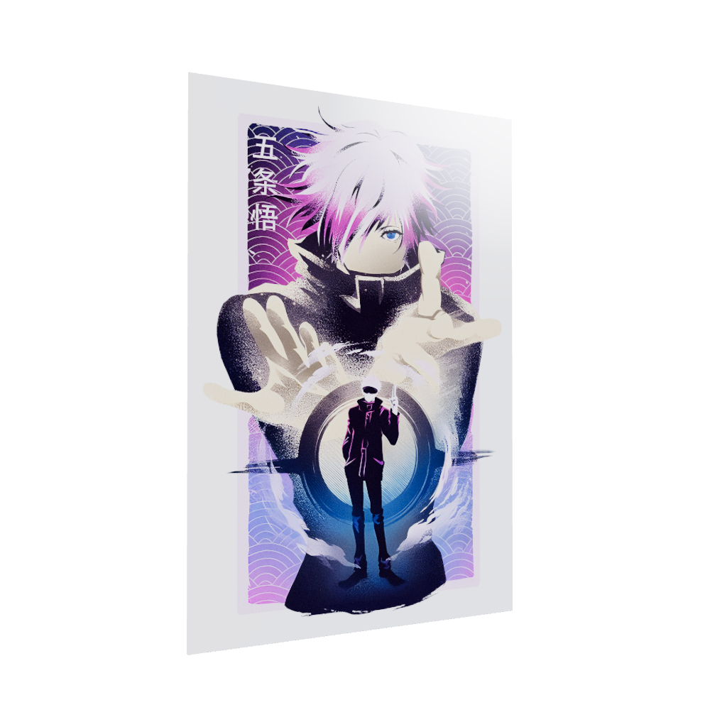 Jujutsu Kaisen anime acrylic poster 3D model by Arcadia North. Featuring Gojo Satoru Infinite Void. White background.