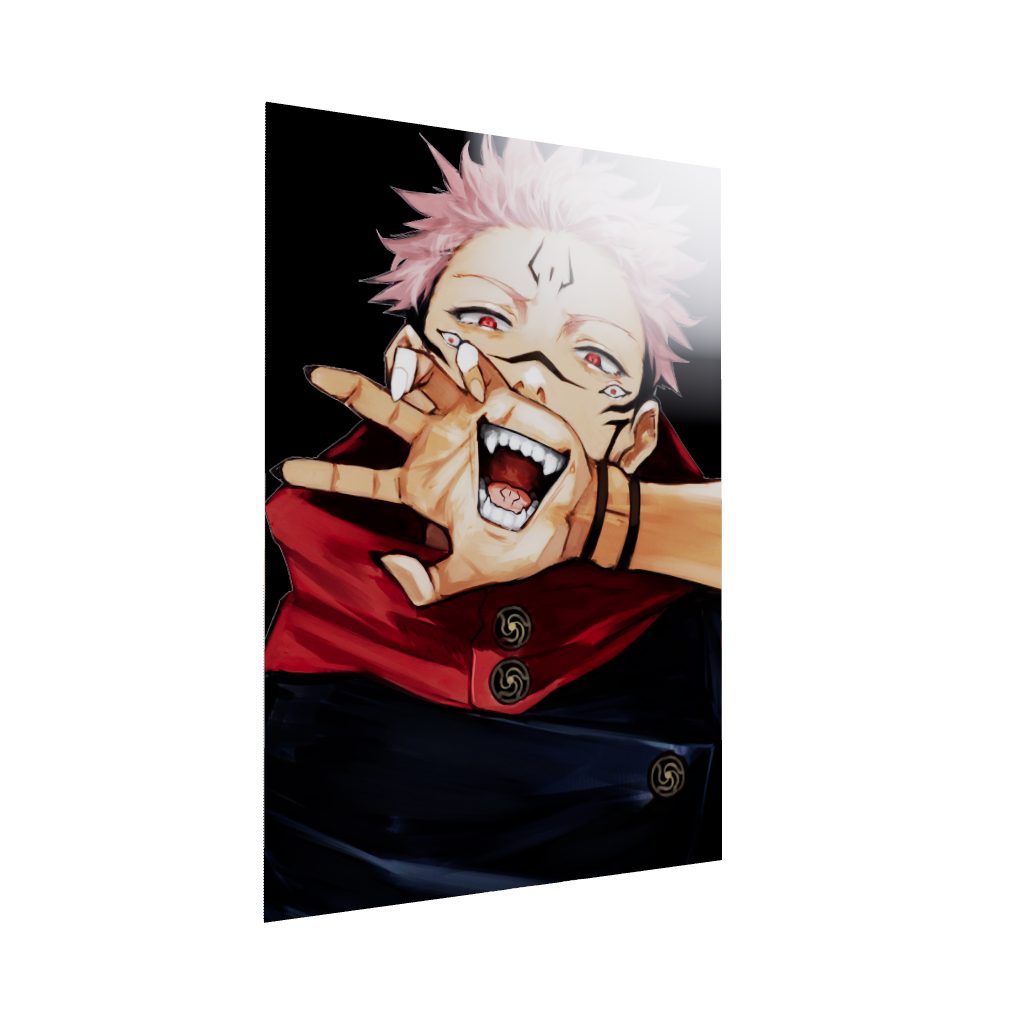 Jujutsu Kaisen anime acrylic poster 3D model by Arcadia North. Featuring a close-up of Sukuna on a black background. Acrylic wall art printed on acrylic.