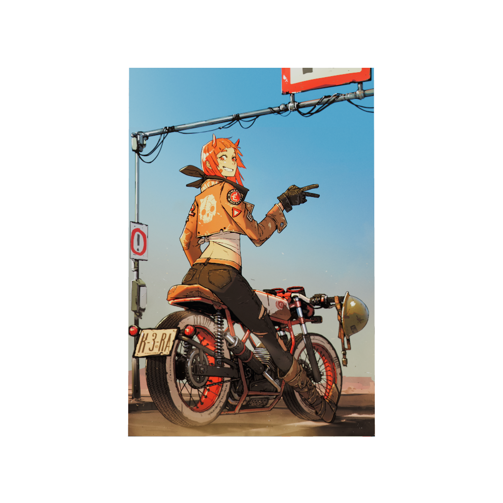 Arcadia North acrylic poster 3D model of a woman on a motorcycle. Coffee Rider by Naka. Acrylic wall art printed on acrylic.