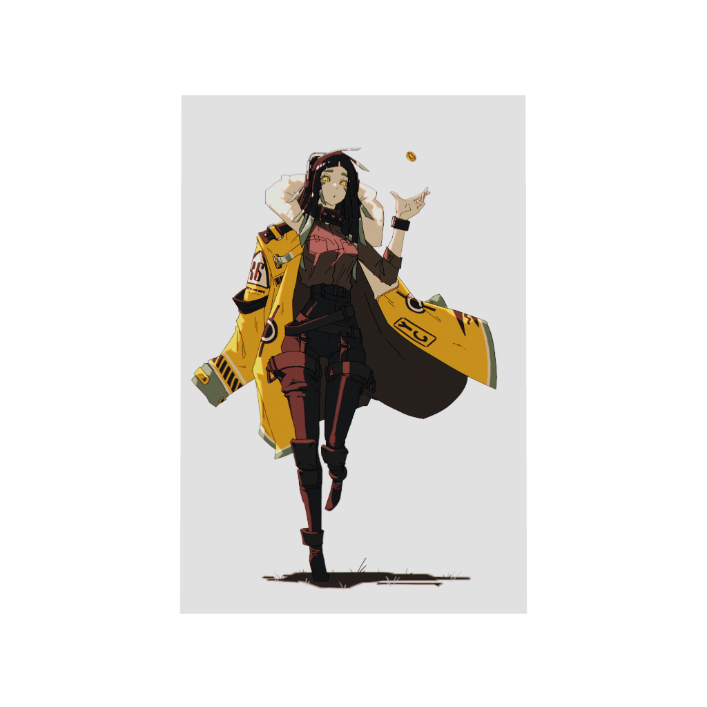 Arcadia North acrylic poster 3D model of a cool woman flipping a coin. Coin Flip by Naka. Acrylic wall art printed on acrylic.