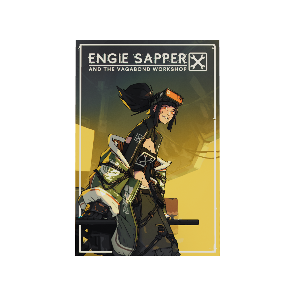 Arcadia North acrylic poster 3D model of original character engineer woman Engie Sapper and the Vagabond Workshop. Engie Sapper by Naka. Acrylic wall art printed on acrylic.