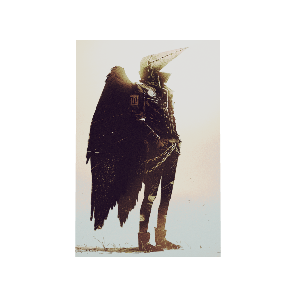 Arcadia North acrylic poster 3D model of a figure with a bird-like helmet and large, dark wings. FLY! by Naka. Acrylic wall art printed on acrylic.