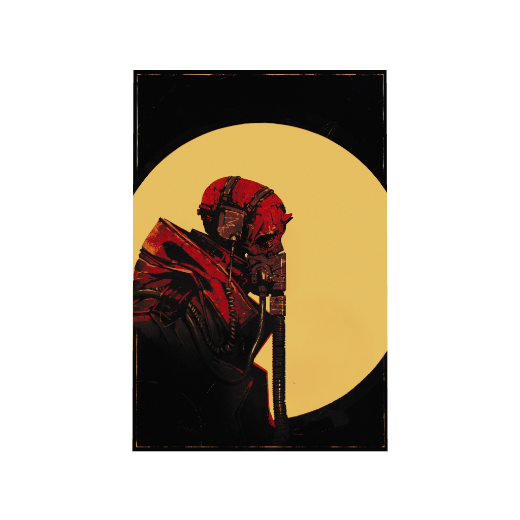 Arcadia North acrylic poster 3D model of a dystopian skeleton pilot wearing an oxygen mask. Red Skull by Naka. Acrylic wall art printed on acrylic.