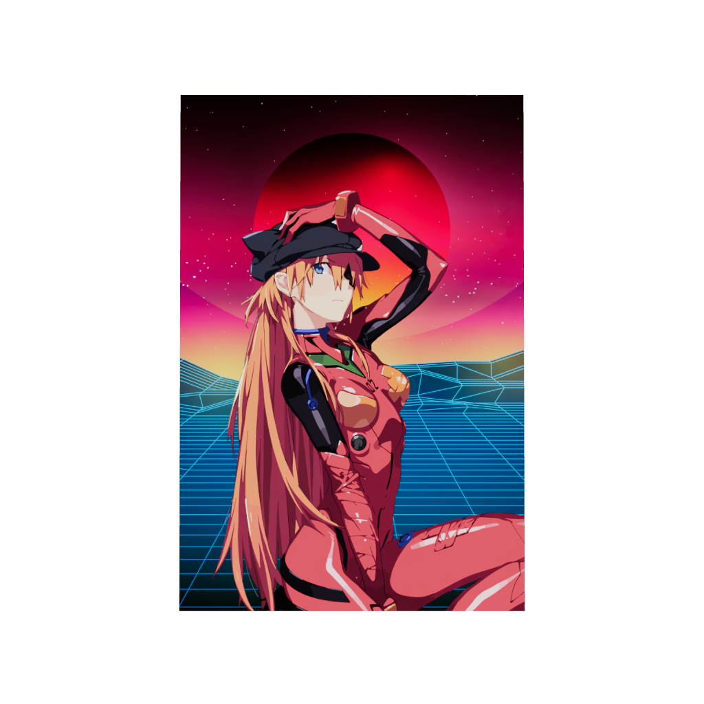 Neon Genesis Evangelion anime acrylic poster 3D model by Arcadia North. Feauturing Asuka Langley Soryu with a synthwave background. Acrylic wall art printed on acrylic.