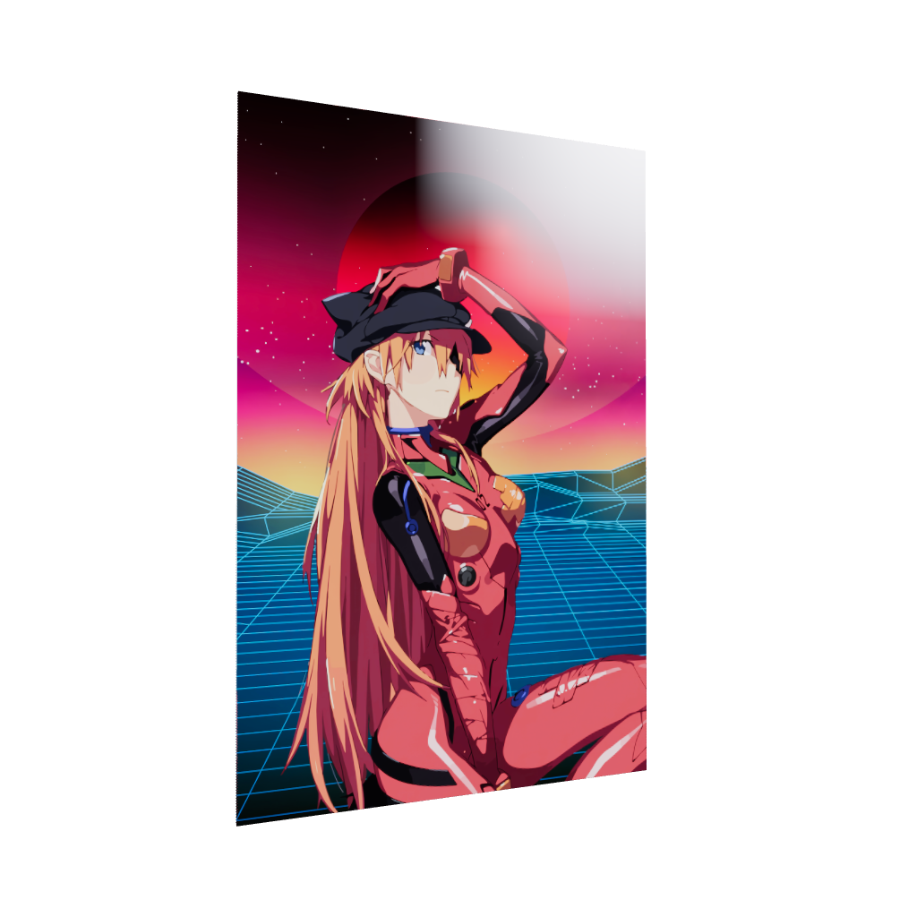 Neon Genesis Evangelion anime acrylic poster 3D model by Arcadia North. Feauturing Asuka Langley Soryu with a synthwave background.