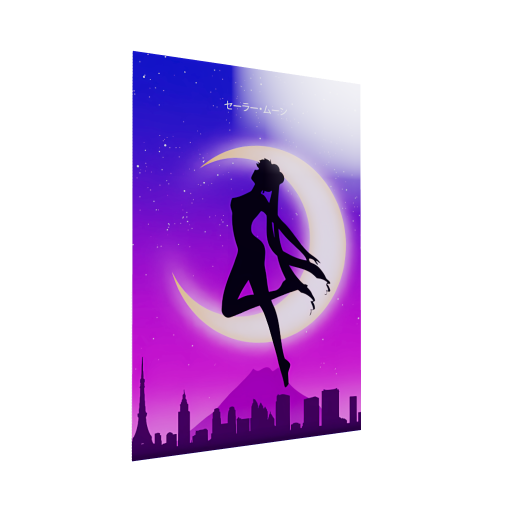 Sailor Moon anime acrylic poster 3D model by Arcadia North. Feauturing Usagi Tsukino and Sailor Moon written in Japanese Katakana. Acrylic wall art printed on acrylic.