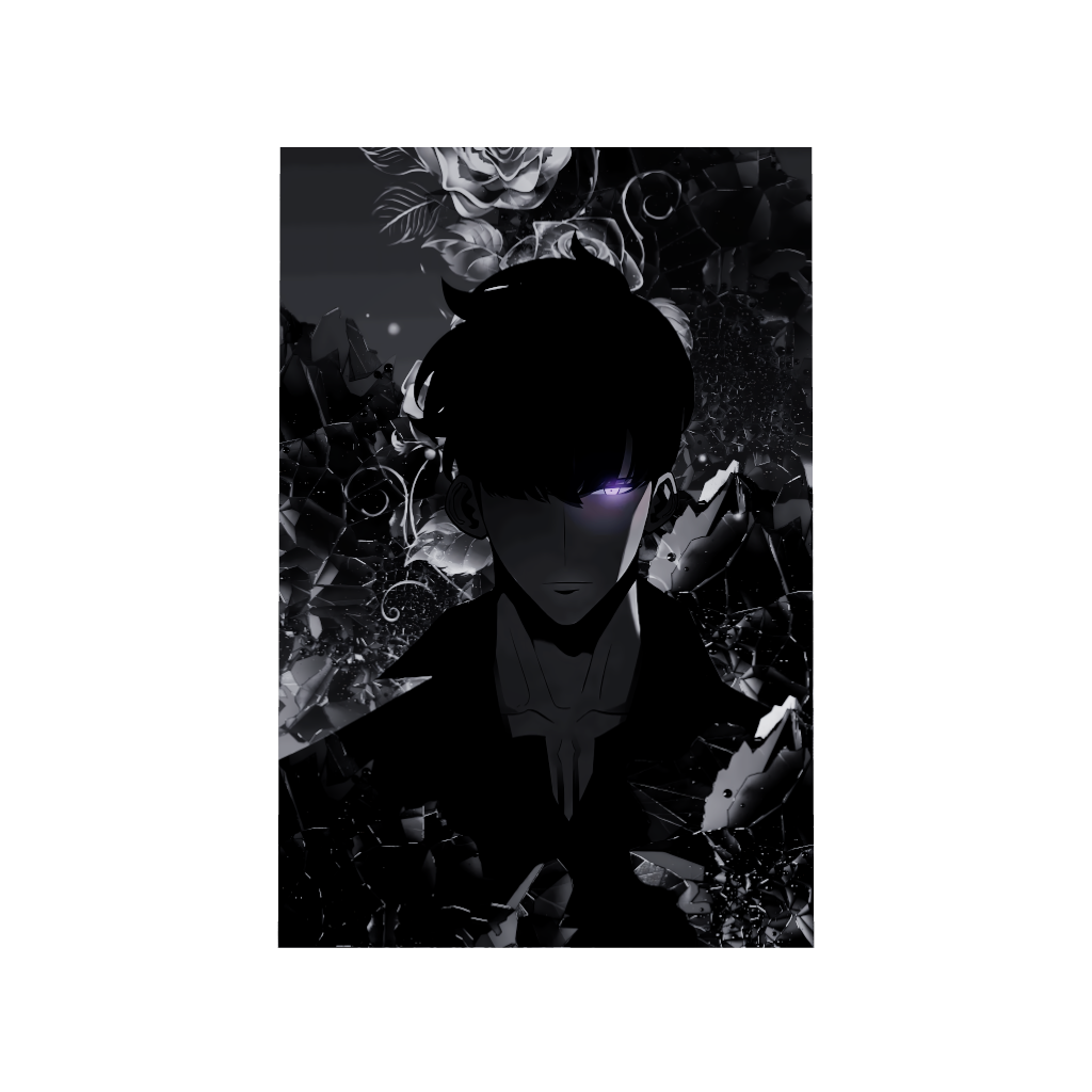 Solo Leveling anime acrylic poster 3D model by Arcadia North. Feauturing Sung Jinwoo in black and white with a glowing eye. Acrylic wall art printed on acrylic.