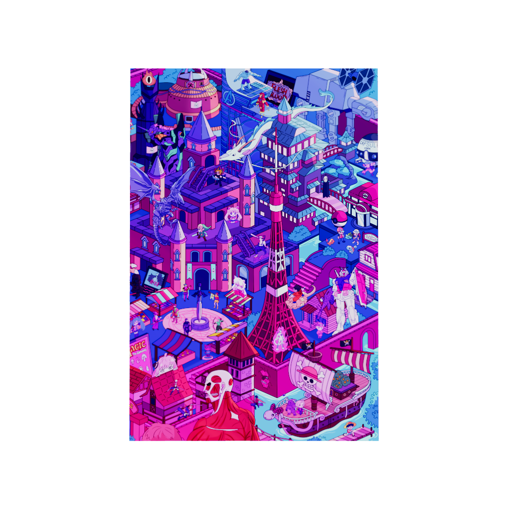 Arcadia North acrylic poster 3D model of a vaporwave lofi city with many anime references including One Piece, Attack on Titan, Spy x Family, Spirited Away, Sailor Moon, Inuyasha, Dragon Ball, and more. Anime City by Torasshuu. Acrylic wall art printed on acrylic.