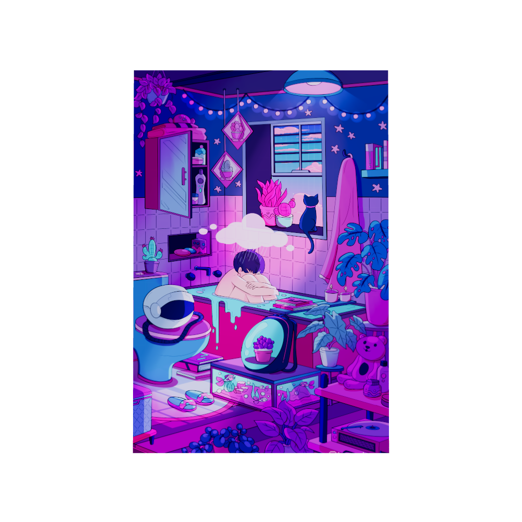 Arcadia North acrylic poster 3D model of a vaporwave lofi boy astronaut and his cat. Clouded Thoughts by Torasshuu. Acrylic wall art printed on acrylic.