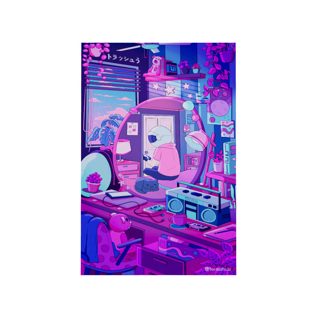 Arcadia North acrylic poster 3D model of a vaporwave lofi astronaut and his cat. Cosmic Chill by Torasshuu. Acrylic wall art printed on acrylic.