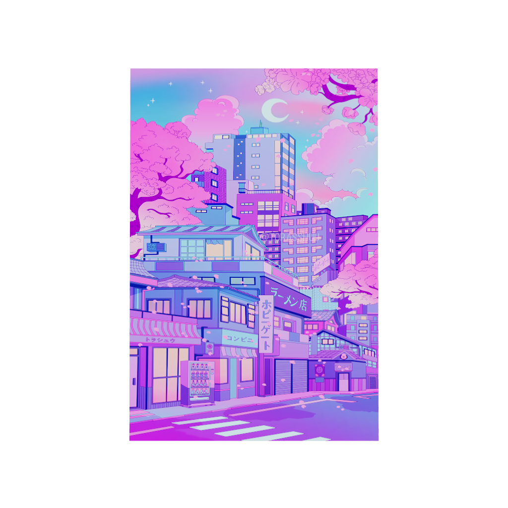 Arcadia North acrylic poster 3D model of a dreamwave Japanese city street. Neon Sakura City by Torasshuu. Acrylic wall art printed on acrylic.