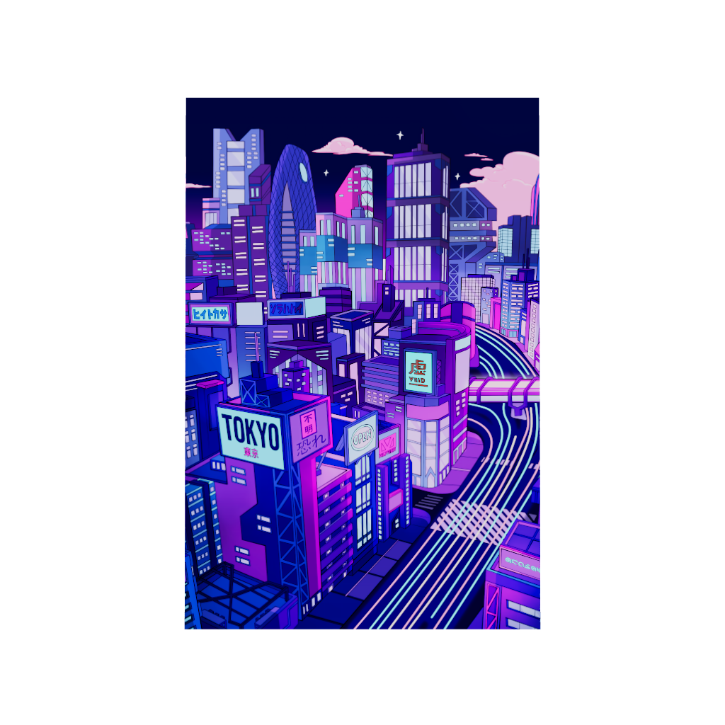 Arcadia North acrylic poster 3D model of a retrofuture Tokyo city. Retrofuture Tokyo by Torasshuu. Acrylic wall art printed on acrylic.