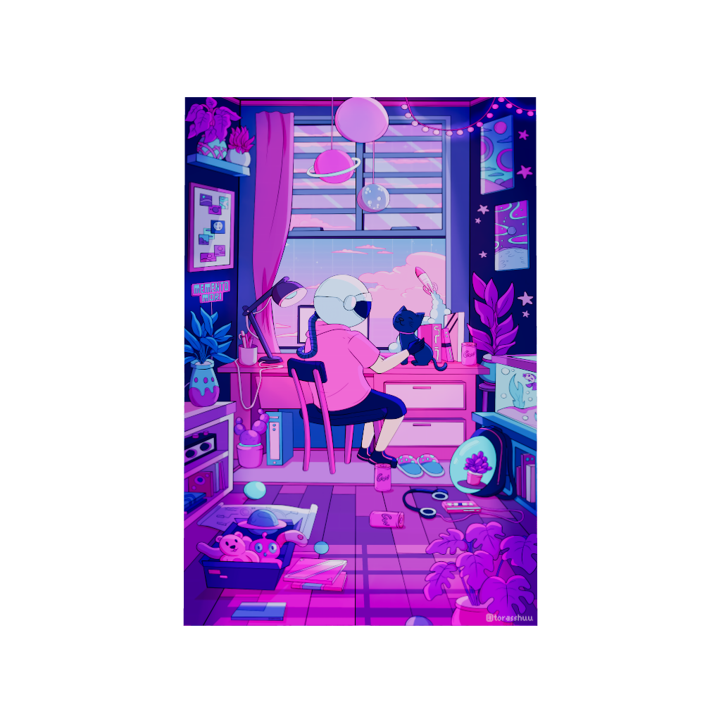 Arcadia North acrylic poster 3D model of a vaporwave lofi astronaut and his cat. Together, Dreaming by Torasshuu. Acrylic wall art printed on acrylic.