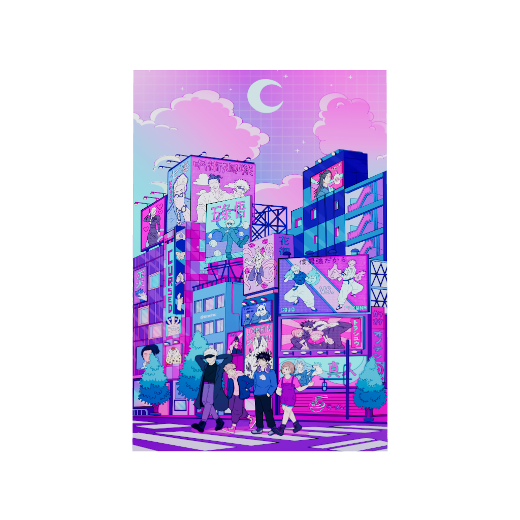 Jujutsu Kaisen anime acrylic poster 3D model by Arcadia North. Gojo Satoru, Yuji, Megumi, and Nobara in Shibuya in lofi retrowave style. Artist Torasshuu. Acrylic wall art printed on acrylic.