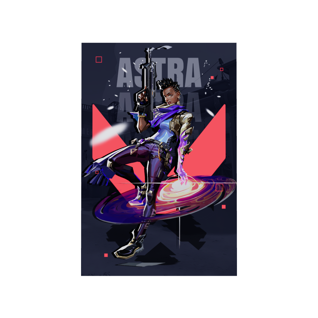 Valorant gaming acrylic poster 3D model by Arcadia North. Astra agent wallpaper on dark/black background. Acrylic wall art printed on acrylic.