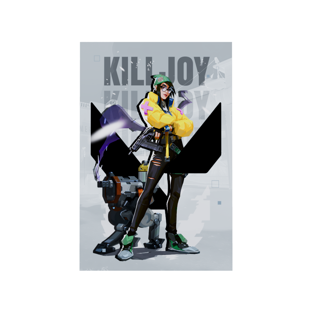 Valorant gaming acrylic poster 3D model by Arcadia North. Killjoy agent wallpaper on light/white background. Acrylic wall art printed on acrylic.