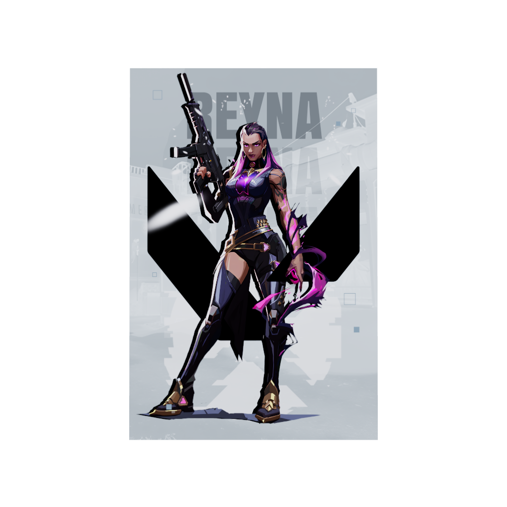 Valorant gaming acrylic poster 3D model by Arcadia North. Reyna agent wallpaper on light/white background. Acrylic wall art printed on acrylic.