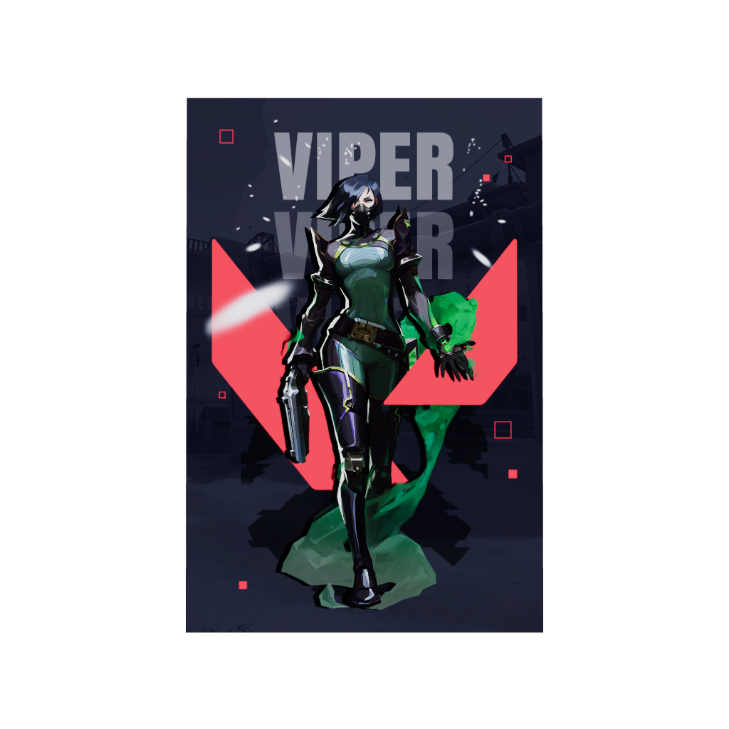 Valorant gaming acrylic poster 3D model by Arcadia North. Viper agent wallpaper on dark/black background. Acrylic wall art printed on acrylic.