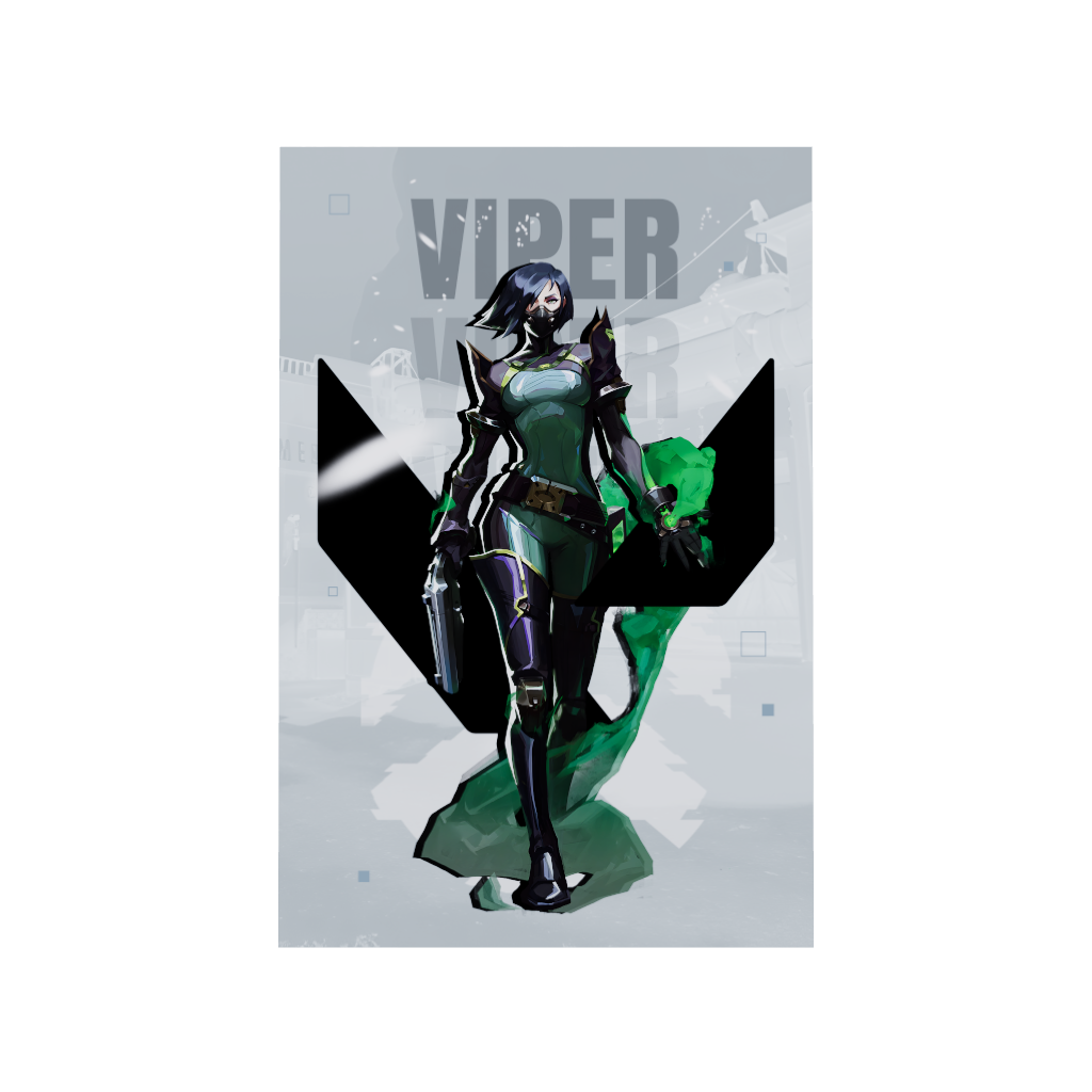 Valorant gaming acrylic poster 3D model by Arcadia North. Viper agent wallpaper on light/white background. Acrylic wall art printed on acrylic.