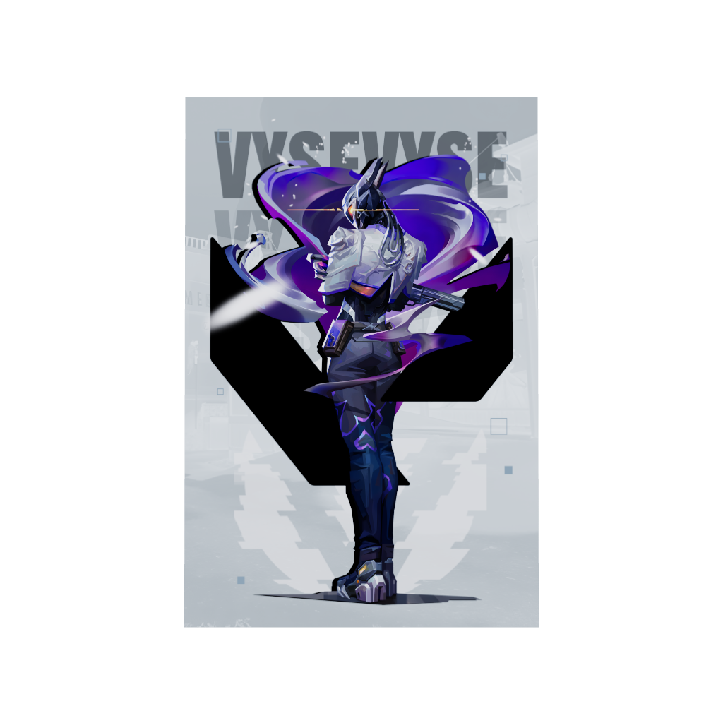 Valorant gaming acrylic poster 3D model by Arcadia North. Vyse agent wallpaper on light/white background. Acrylic wall art printed on acrylic.