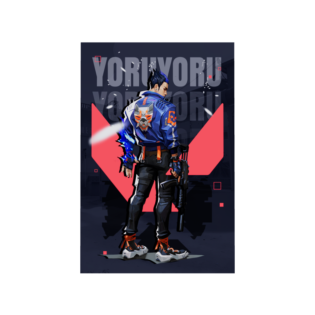 Valorant gaming acrylic poster 3D model by Arcadia North. Yoru agent wallpaper on dark/black background. Acrylic wall art printed on acrylic.