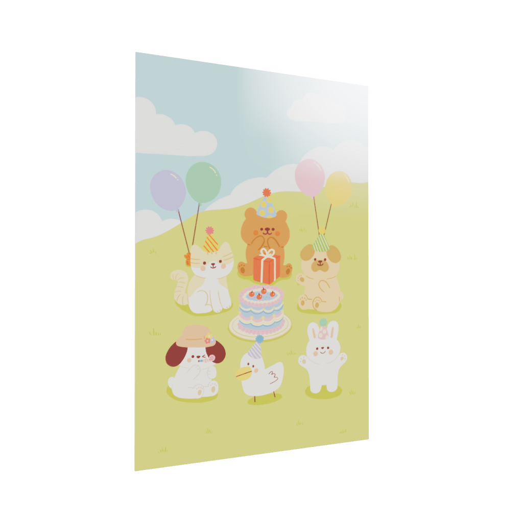 Acrylic poster 3D model of a cute animal birthday party. Birthday Party by Wintermelon Shop.