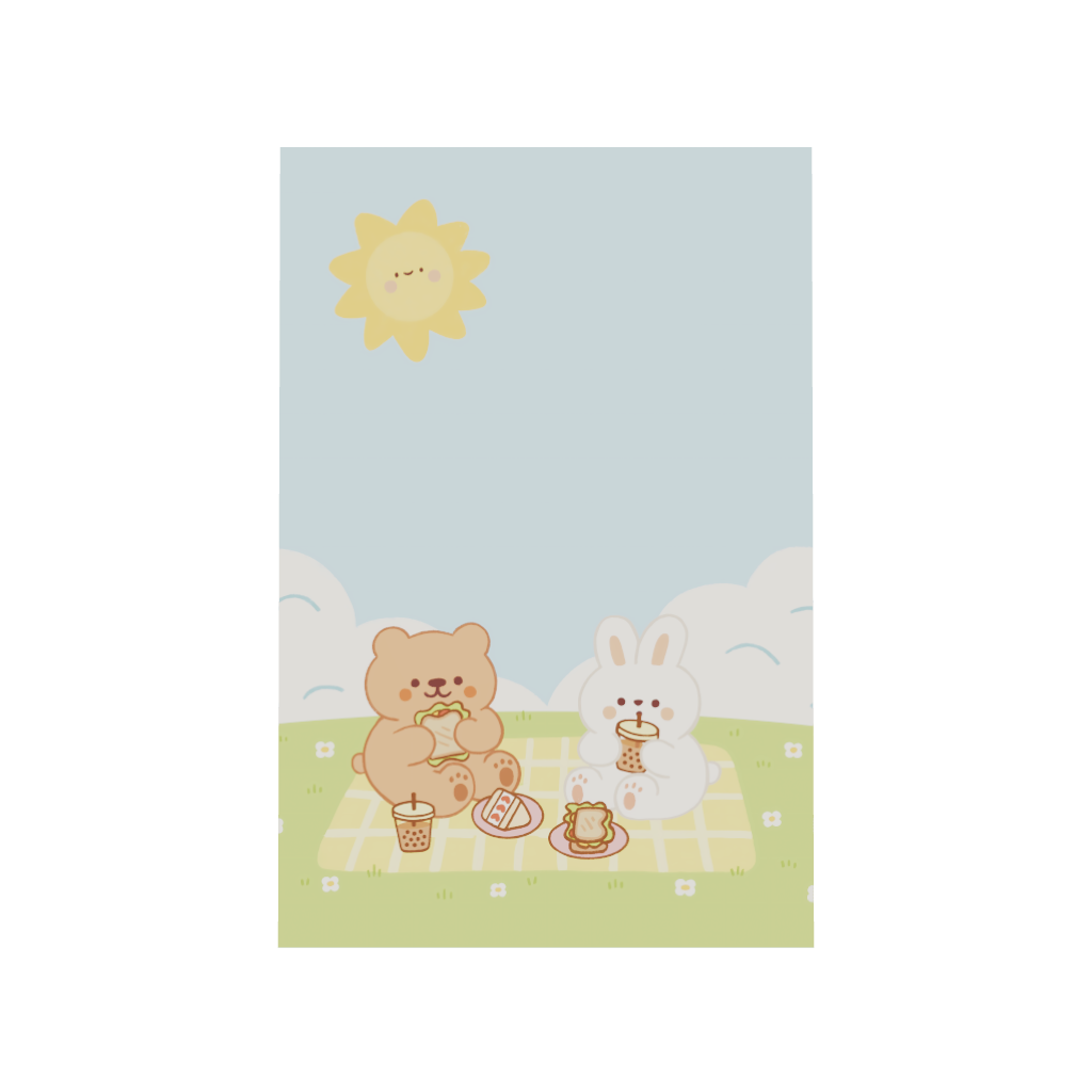 Arcadia North acrylic poster 3D model of a cute bear and bunny having a picnic together. Picnic by Wintermelon Shop. Acrylic wall art printed on acrylic.