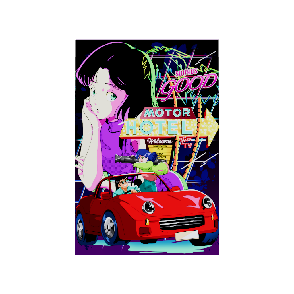 Arcadia North acrylic poster 3D model of a retro 80s anime aesthetic neon getaway. HOTEL by Japanese artist chao!. Acrylic wall art printed on acrylic.