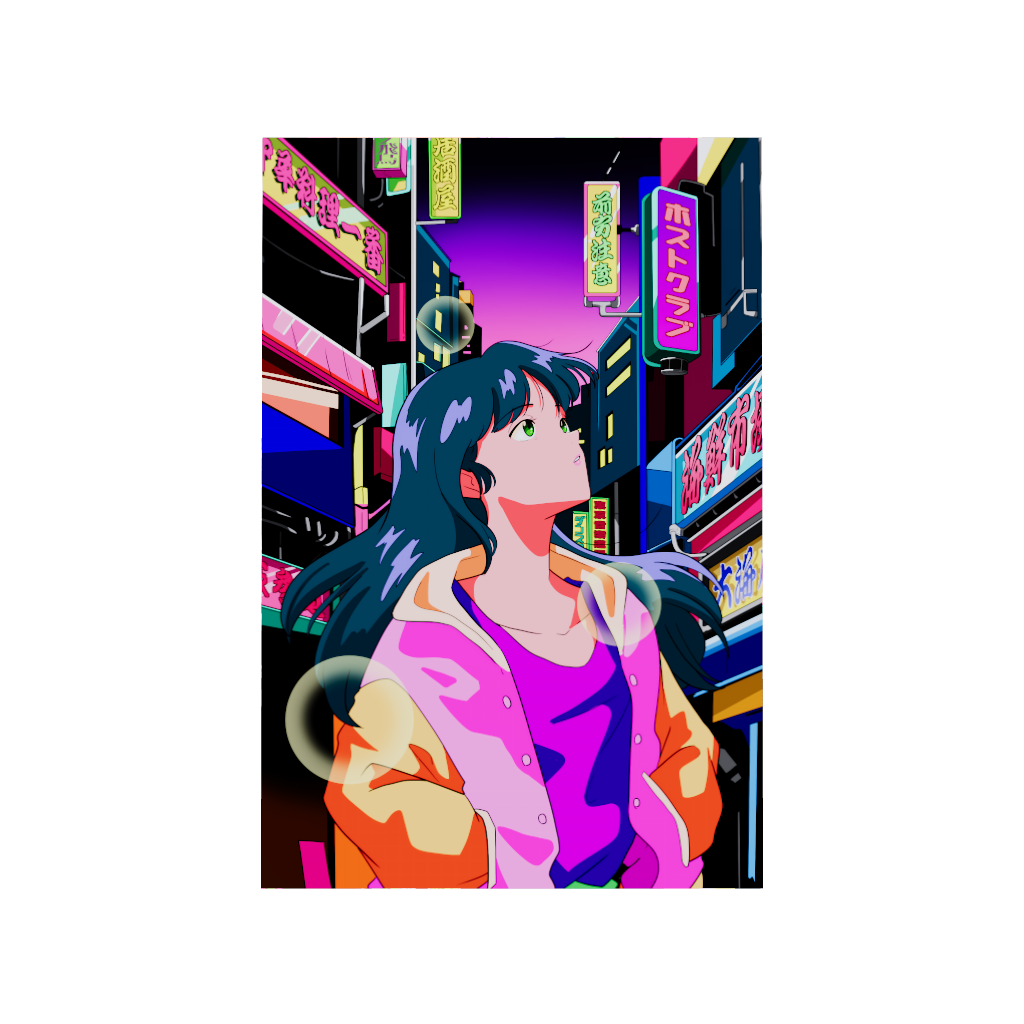 Arcadia North acrylic poster 3D model of a retro 80s anime aesthetic girl exploring a Japanese neon city. NIGHT CITY by Japanese artist chao!. Acrylic wall art printed on acrylic.