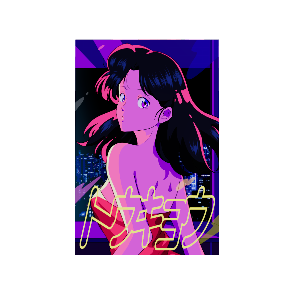 Arcadia North acrylic poster 3D model of a retro 80s anime aesthetic girl in a red dress. City pop vibe. Tokyo is written in neon Katakana. TOKYO by Japanese artist chao!. Acrylic wall art printed on acrylic.