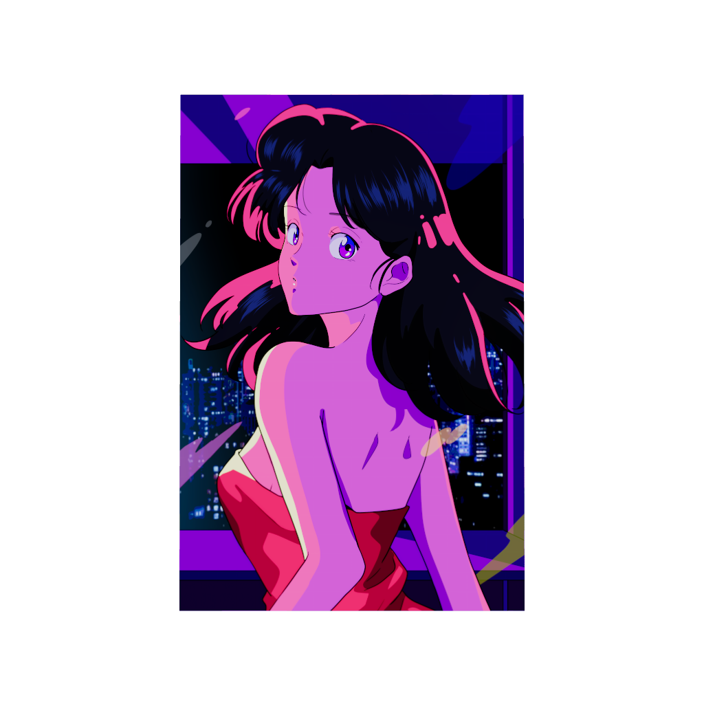 Arcadia North acrylic poster of a retro 80s anime aesthetic girl in a red dress. City pop vibe. TOKYO by Japanese artist chao!. Acrylic wall art printed on acrylic.